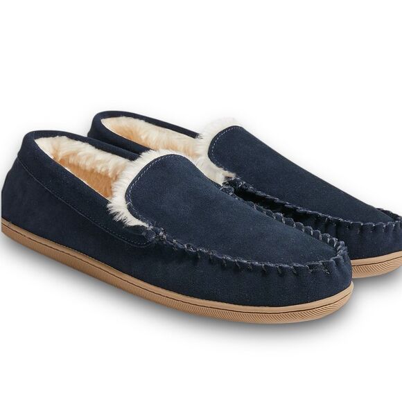 J Crew Mens 12 Slippers Navy Suede Moccasins Fleece Lined Indoor House Cozy Fall - Picture 8 of 8